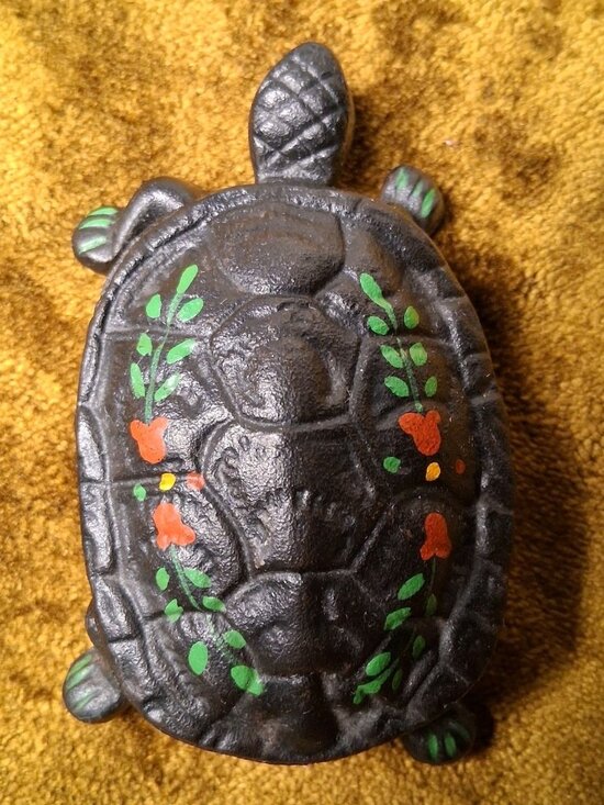 Other - Vintage Wilton Cast Iron Turtle Trinket Box Hinged Black Painted Flowers Dish 4"